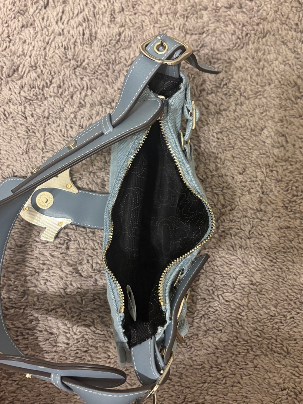 True Religion Light Gray Denim Shoulder Bag with Gold Hardware - Picture 3 of 4